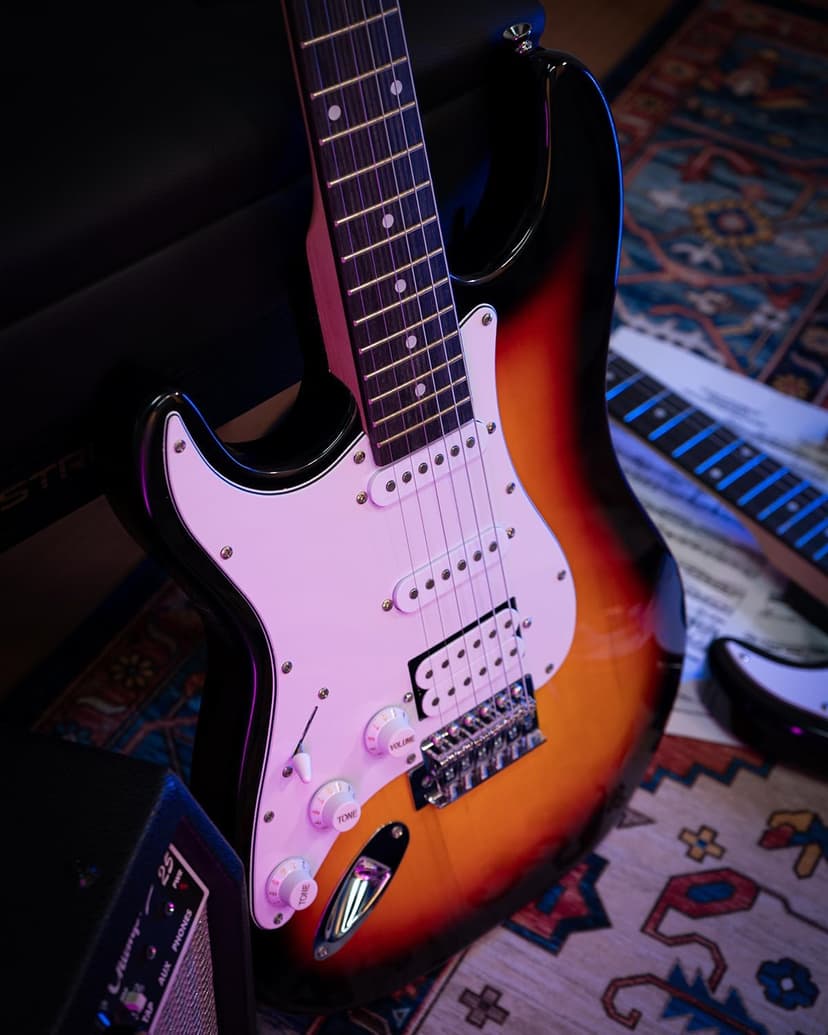 STRICH Electric Guitar Left Hand Beginner Kit, Solid Body 39" Electric Guitar HSS Pick Up for Starter, with 5W x 2 Amp, Bag, Capo, Strap, String,Cable, Picks, SST-S20L Sunburst