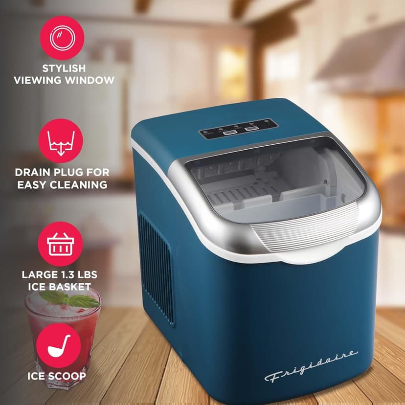 FRIGIDAIRE Retro Compact Ice Maker Machine, Bullet Ice, 26 lb per Day (Blue)
