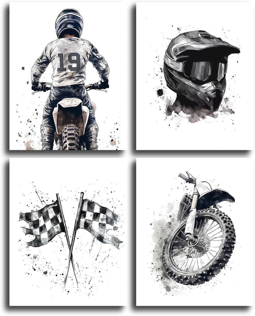 Motocross Wall Art MotoBike Art Prints Boy Room Decor Black&White Motorcycle Dirt Bike Motorcycle Helmet Canvas Pictures Artwork for Nursery Decor Kids Room Wall Decor,Set of 4(8”X10”inch,Unframed).