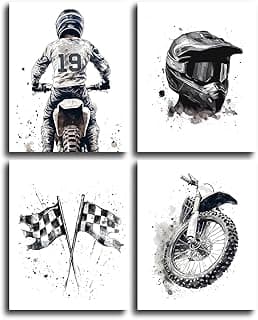 Motocross Wall Art MotoBike Art Prints Boy Room Decor Black&White Motorcycle Dirt Bike Motorcycle Helmet Canvas Pictures Artwork for Nursery Decor Kids Room Wall Decor,Set of 4(8”X10”inch,Unframed).