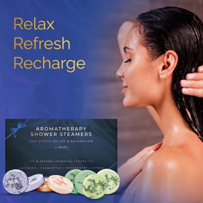 8 Natural Essential Fizzies: Lavender, Eucalyptus, Citrus, Peppermint, Relaxation Stress Relief Shower Tablets gifts for Mom VALITIC Aromatherapy Shower Steamers, Pods for Shower Spa Gift, 4 Scents B09MHRFGDW