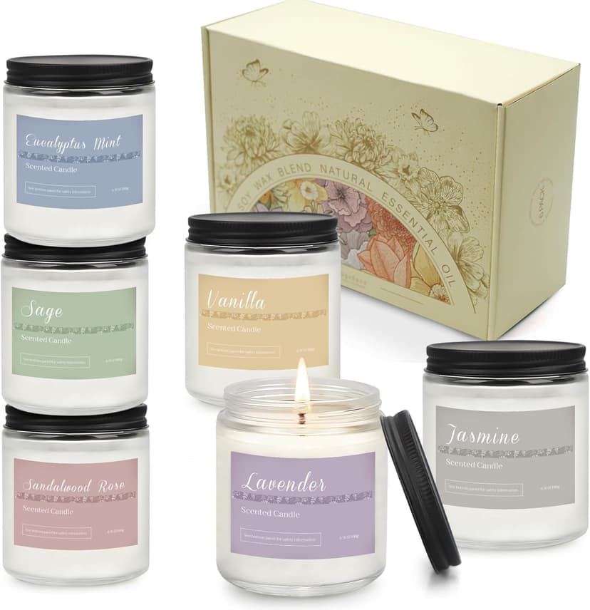 Lavender, Jasmine, Vanilla, Sage, Sandalwood Rose & Eucalyptus Mint. 42 oz 300 Hour Burn for Home, Baths, Yoga & Self-Care Scented Candles Gift Set for Women, 6-Pack Aromatherapy Candles for Home B0CHYWN5W6