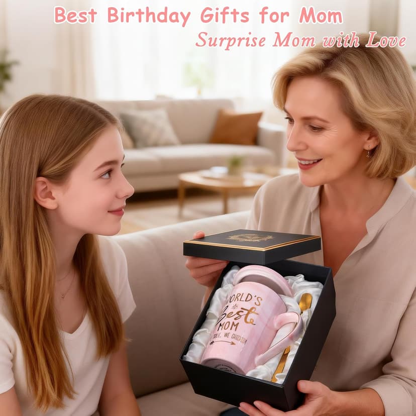 Unique Marble Gold Print Coffee Cup with Lid, Spoon, Greeting Card, Happy Moms Mothers Day Gifts Idea, Luxury Gift Boxed Set Birthday Gifts for Mom from Daughter Son, 14oz Funny Best Mom Mug, Pink B09Z7KFN1Y