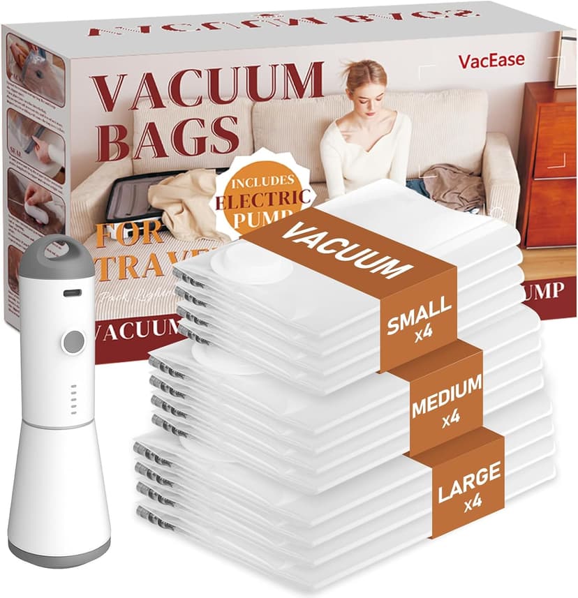 Travel Vacuum Bags with Rechargeable Cordless Air Pump, 12 Pack Vacuum Storage Seal Bags for Clothing(4 Large+4 Medium+4 Small), Compression Packing for Clothes Suitcase Luggage