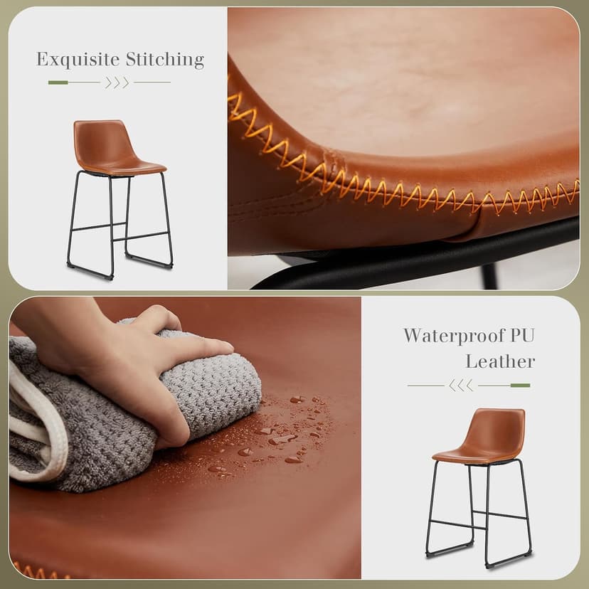 DUMOS 26 Inch Counter Height Bar Stools Set of 4, Modern Faux Leather High Barstools with Back and Metal Leg, Upholstered Bar Chairs for Kitchen Island, Brown