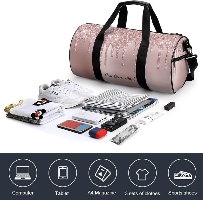 Aicihert Customized Travel Bag Personalized Rose Gold Glitter Pattern Duffle Bag with Name Large Capacity Sports Bag Custom Gym Bag for Women Men