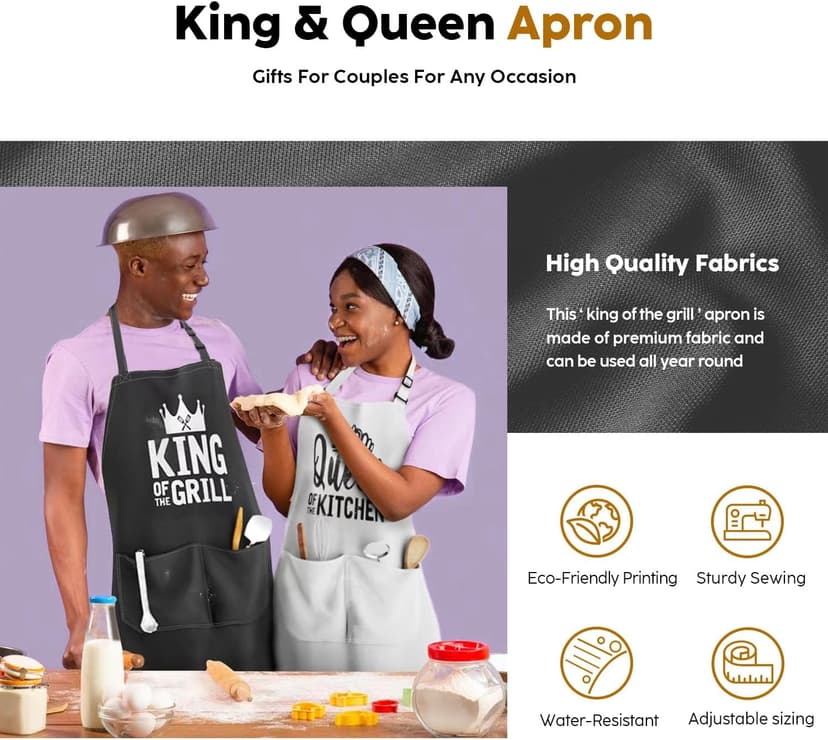 King & Queen Apron Set - Wedding Engagement Gifts for Couples, Funny Kitchen Gifts for Couples, Husband, Wife, Boyfriend, Girlfriend, Him Her, Bridal Shower Gifts, Unique Valentine's Day gifts ideas