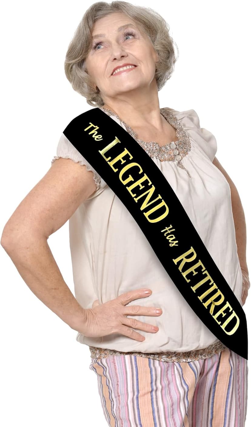 The Legend Has Retired Sash – Elegant Black and Gold Foil Legendary Sash for Both Women and Men & a Large Gold Safety Pin. Perfect for Retirement Parties