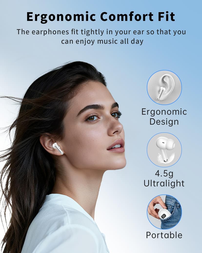Wireless Earbuds, Bluetooth 5.4 Headphones with 50H Playback, Deep Bass Stereo Ear Buds Clear Calls with LED Power Display, IPX7 Waterproof, in-Ear Earphones with Mic for Phone/Android/iPad, White