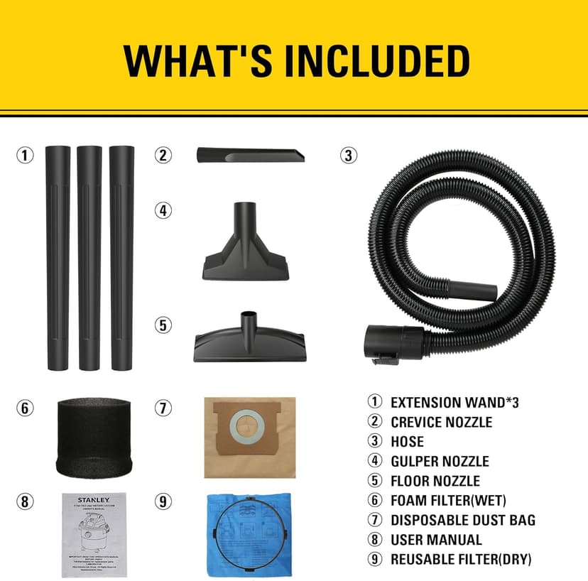 STANLEY SL18116 Wet/Dry Vacuum, 6 Gallon, 4 Horsepower, Stainless Steel Tank, 4.0 HP, Silver+Yellow