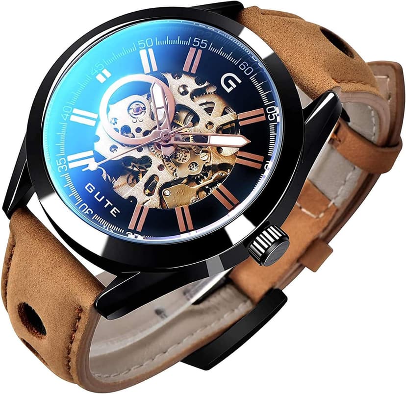 GLEIM Gute Mens Watches, Mechanical Skeleton Automatic Self-Winding Steampunk Watch for Men, Casual Clock Brown Leather Wrist Watch