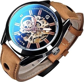 GLEIM Gute Mens Watches, Mechanical Skeleton Automatic Self-Winding Steampunk Watch for Men, Casual Clock Brown Leather Wrist Watch