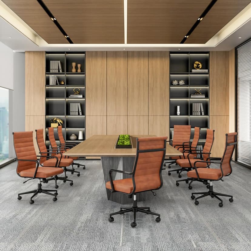 Okeysen Leather Office Desk Chair, Mid-Century Modern Leather Conference Room Chairs, Ergonomic Executive Ribbed Height Adjustable Swivel Rolling Chair for Home Office.