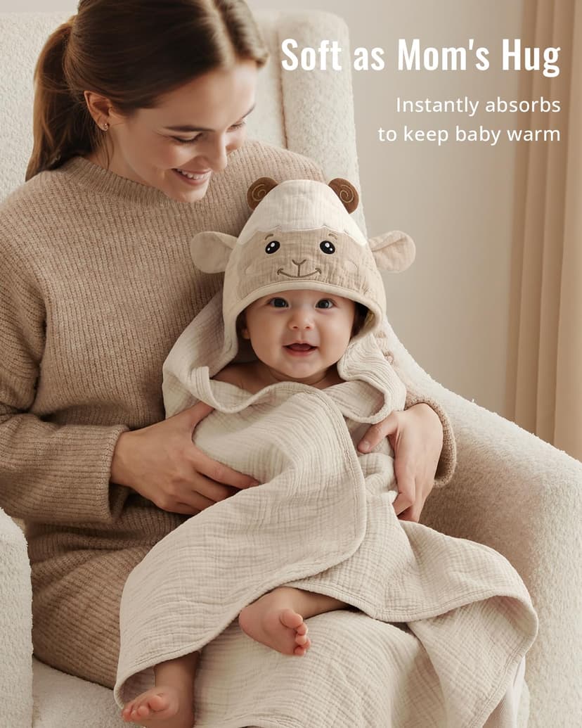 Blissful Diary Muslin Baby Hooded Towel 2 Pack, Soft & Absorbent Bath Towel for Infant, Toddler, Unisex, Baby Gift, Newborn Essentials, Bear & Lamb B0FQ9ZT37D