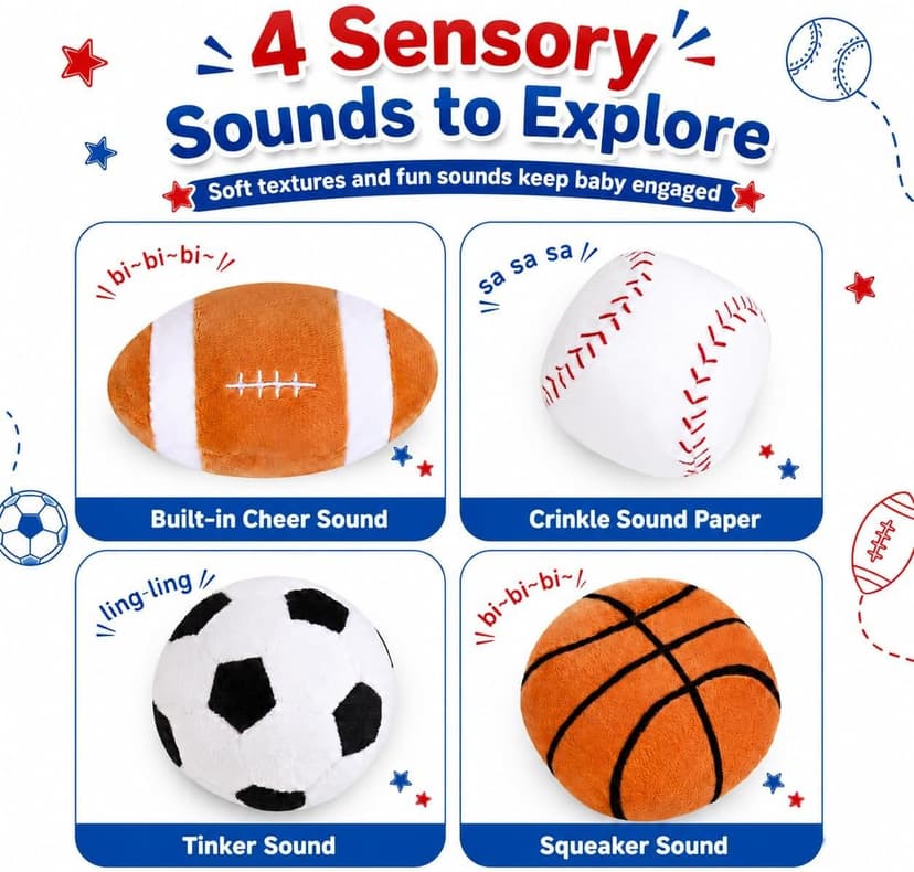 KMUYSL Baby Toys 0-12 Months, My First Sports Bag Plush Toy - 4 Sensory Balls Soft Toys with Crinkle, Rattles for 0-3-6-9-12 Month Newborn Infant, 1st Birthday for Babies Boys Girls Age 1