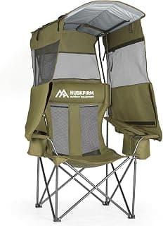 Huskfirm Camping Chair with Canopy Shade - Folding Beach Chair with UPF 50+ Sun Shade, Cup Holder, Side Pocket, Portable Sports Chair for Adults Support 330 LBS, Fishing Camp Outdoor Lawn Chair Green
