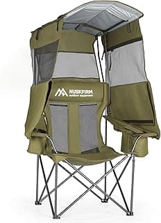 Huskfirm Camping Chair with Canopy Shade - Folding Beach Chair with UPF 50+ Sun Shade, Cup Holder, Side Pocket, Portable Sports Chair for Adults Support 330 LBS, Fishing Camp Outdoor Lawn Chair Green