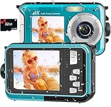 4K Underwater Camera 16FT Waterproof Camera with 32GB Card 64MP Autofocus Dual-Screen Selfie Underwater Camera for Snorkeling Waterproof Compact Floatable Digital Camera 1250mAh Battery Type-C (Blue)