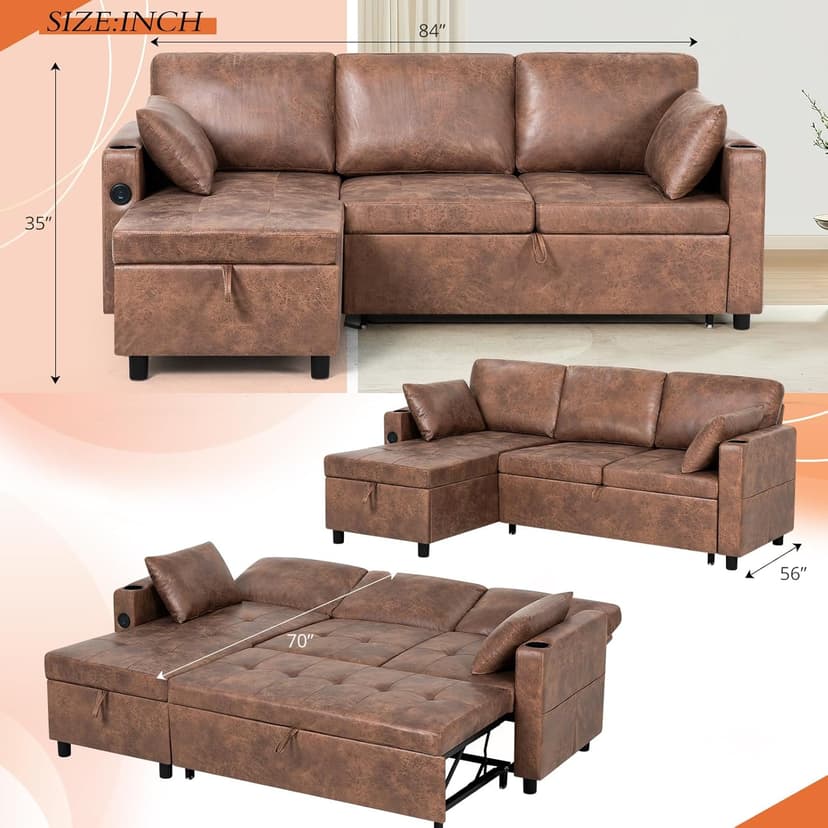 Lesofair 84" L-Shape Pull Out Sofa Bed with Adjustable Backrest, Upholstered Sectional Sleeper Sofa with Storage Chaise, Suede Leather Reversible Couch Bed with USB Port for Living Room, House, Brown