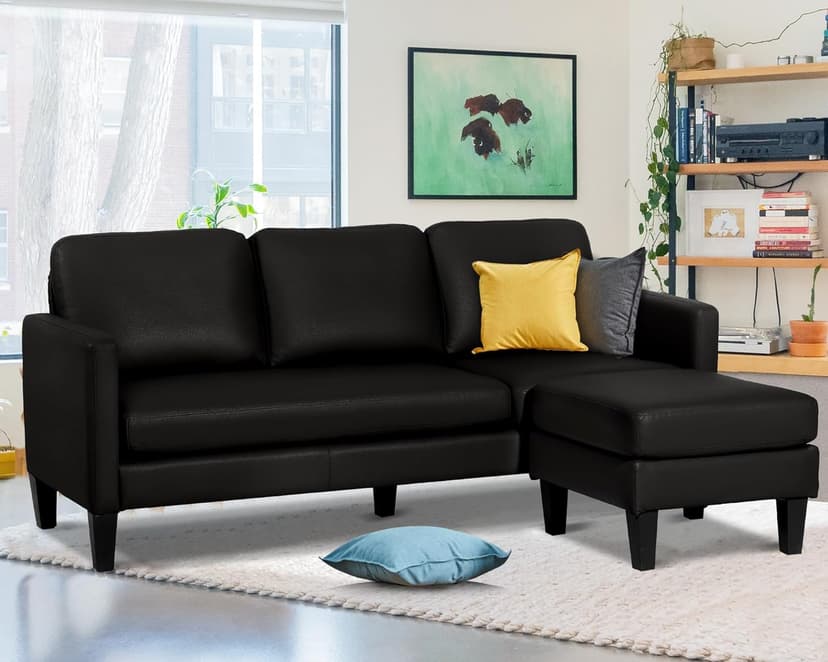 USSerenaY Faux Leather Sectional Couch, L Shaped Sofa with 3 Seater Couch and Reversible Chaise Convertible PU Leather Comfy Couches for Living Room (Black)