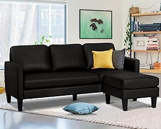 USSerenaY Faux Leather Sectional Couch, L Shaped Sofa with 3 Seater Couch and Reversible Chaise Convertible PU Leather Comfy Couches for Living Room (Black)