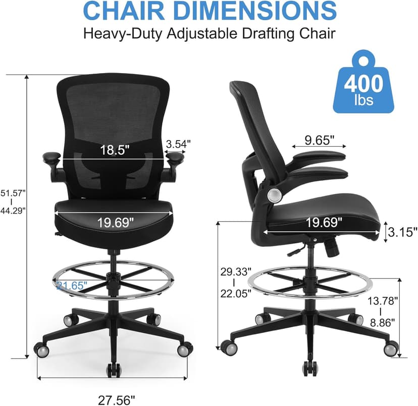 Drafting Chair 400lbs Heavy Duty Tall Office Chair Big and Tall Ergonomic Standing Desk Chair with Lumbar Support and Adjustable Footrest Ring, Comfy Mesh Wide Chair with Flip-up Armrests, Black