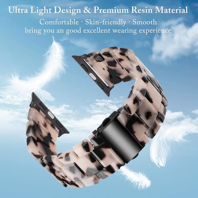 V.R.HOPE Resin Watch Band Compatible with Apple Watch Band for Women 38mm 40mm 41mm 42mm Tortoise Fashion Lightweight Bracelet Strap for iWatch Series 11/10/9/8/7/6/5/4/3/2/1/SE3 (Black Floral)