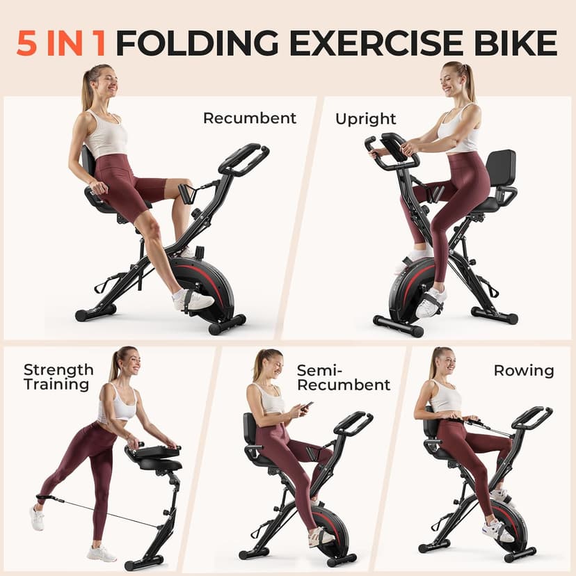 Pleny Folding Exercise Bike, 5 IN 1 Stationary Bikes for Home 6.6 LBS Flywheel, 330LB Weight Capacity Back Support Cushion Indoor Workout Cycling Bike for Home Gym