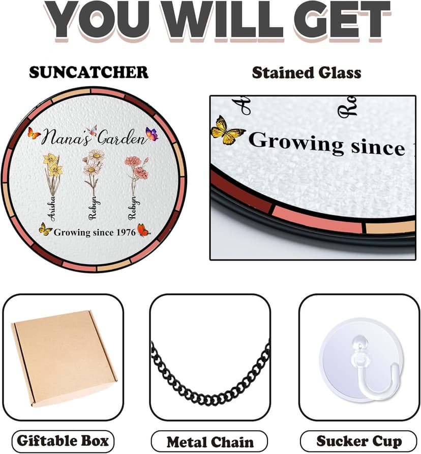 NAZENTI Personalized Mom's Garden Stained Glass Suncatcher with Birth Month Flowers, Custom Grandma's Garden Window Hanging Ornament, Mothers Day Grandma Mom Gifts, Gifts for Mommy, Mama