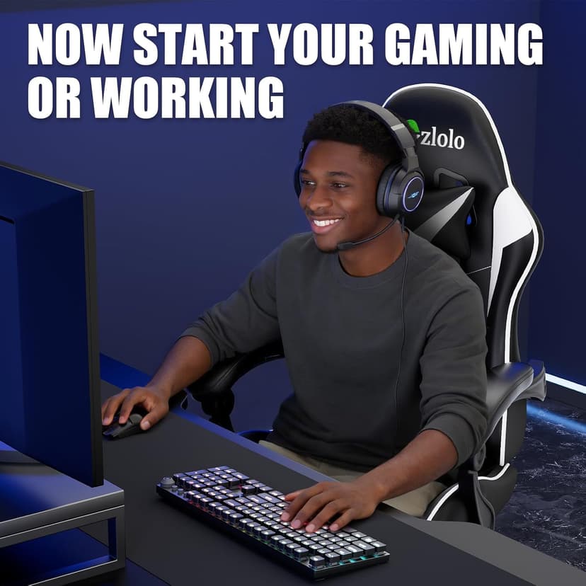 Czlolo Gaming Chair with Footrest Racing Style Lumbar Support Massager Video Game Chair with Metal Legs, High Back Reclining Gamer Chair with Headrest, 360° Swivel Office Computer Desk Chair (White)