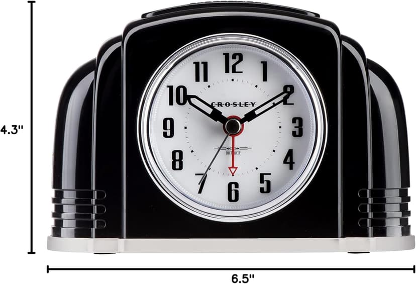 Crosley Vintage Art Deco Analog Alarm Clock, Quiet Ticking, Automatic Dimmable Smart Light, Simple Controls, (Black)