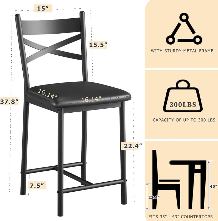 22" Bar Stools Set of 4, Counter Height Bar Stools with PU Upholstered Seat, Metal Frame Kitchen Bar Chairs with X-Design Back and Footrest for Kitchen Island, Counter Bar, Dining Room, Black