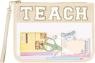 Teacher Appreciation Gifts TEACH Chenille Letter Clear Makeup Bag Pouch, Monogram PVC Clear Zipper Pouch with Wristlet Travel Cosmetic Bag Graduation Retirement Teacher Gifts for Women(TEACH-Beige) B0D459FRCN
