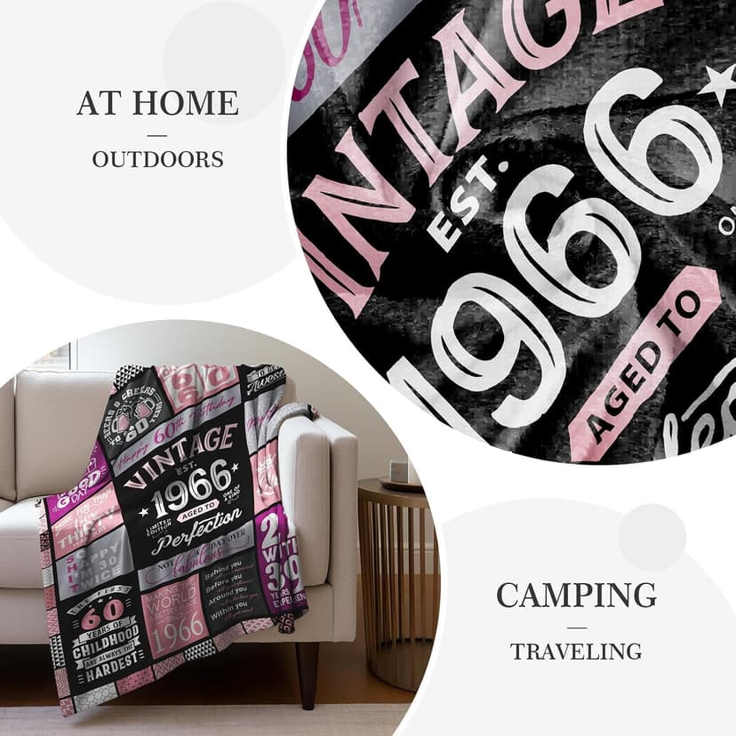 60th Birthday Gifts for Women Throw Blanket 60"x50", Best Gifts for 60 Year Old Woman, 60th Birthday Gift Ideas, 1966 Birthday Gift for Women, 60 Year Old Party Favors/Decorations for Woman B0CQR5HB89