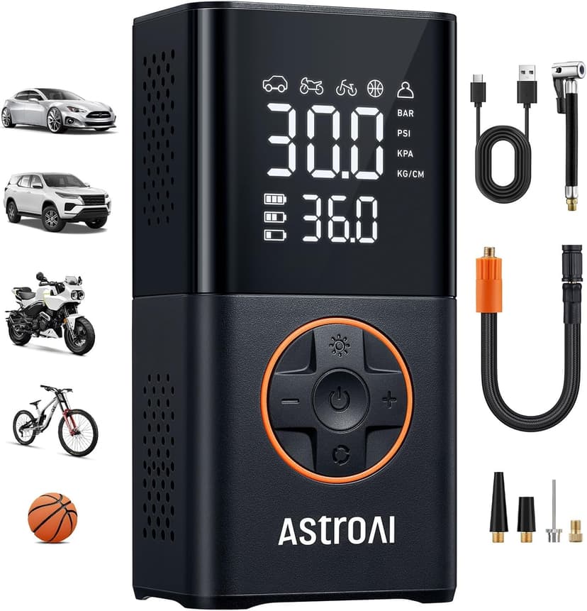For Car Tires, Bikes, Motorcycles and Balls; Auto Shut-off, Digital Display Pressure Gauge, Fast Inflation, LED Light AstroAI L7 Tire Inflator Portable Air Compressor,150 PSI Cordless Bike Pump B0CS3B7MD8