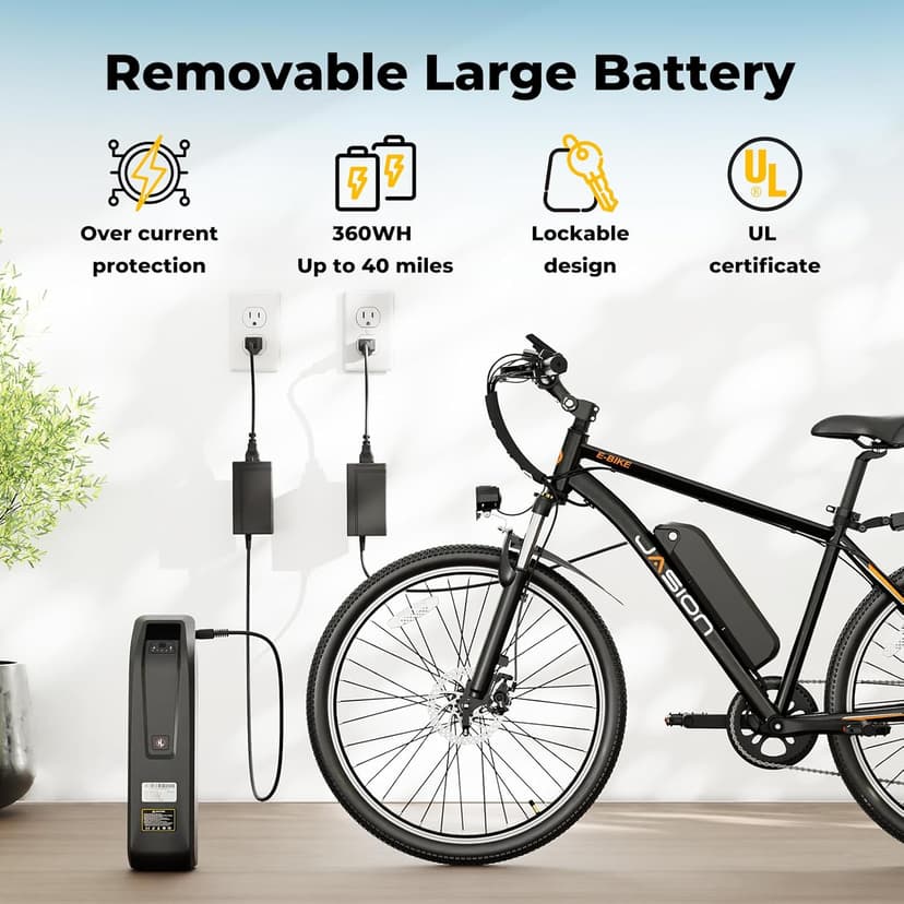 Jasion EB5 Electric Bike for Adults with Peak 1000W Brushless Motor, 40Miles 20MPH Commuting Electric Mountain Bike with 360Wh Removable Battery, 7-Speed, 26" Tires and Front Fork Suspension