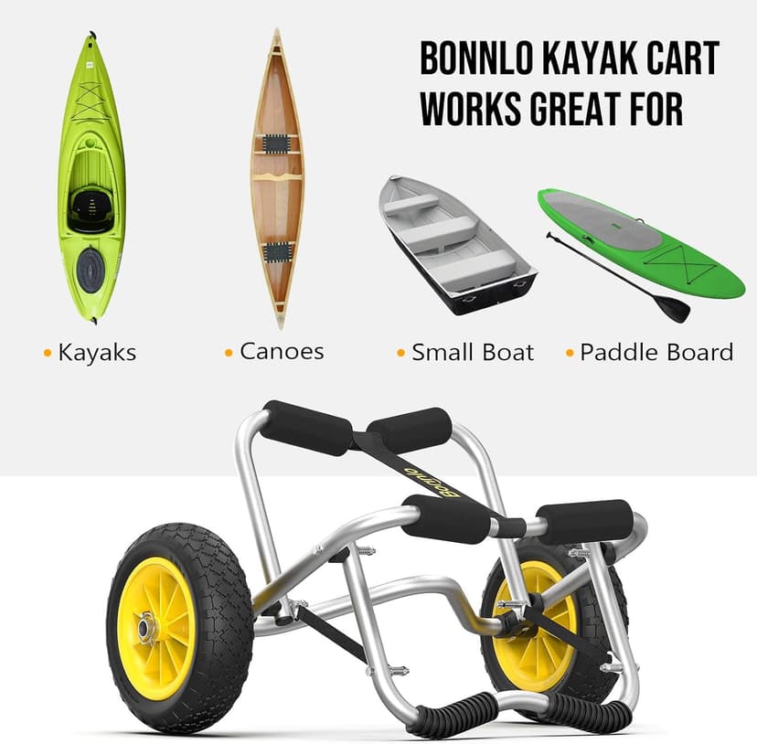 Bonnlo Kayak Cart Canoe Dolly Fishing Kayak Accessories Carrier Foldable Paddle Board Trolley Boat Trailer Transport with NO-Flat Airless Tires Wheels and 2 Ratchet Straps