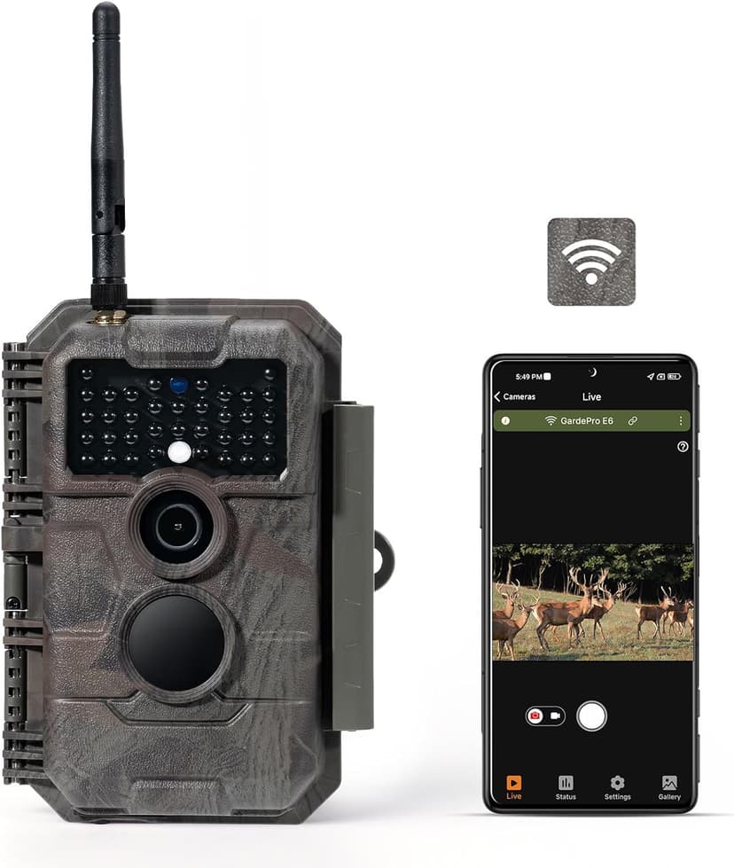 GardePro E6 WiFi Trail Camera (Non-Cellular), Stable WiFi with External Antenna, On-Site App Viewing, 64MP 1296P HD, No-Glow Night Vision, Motion Activated Waterproof Game Camera