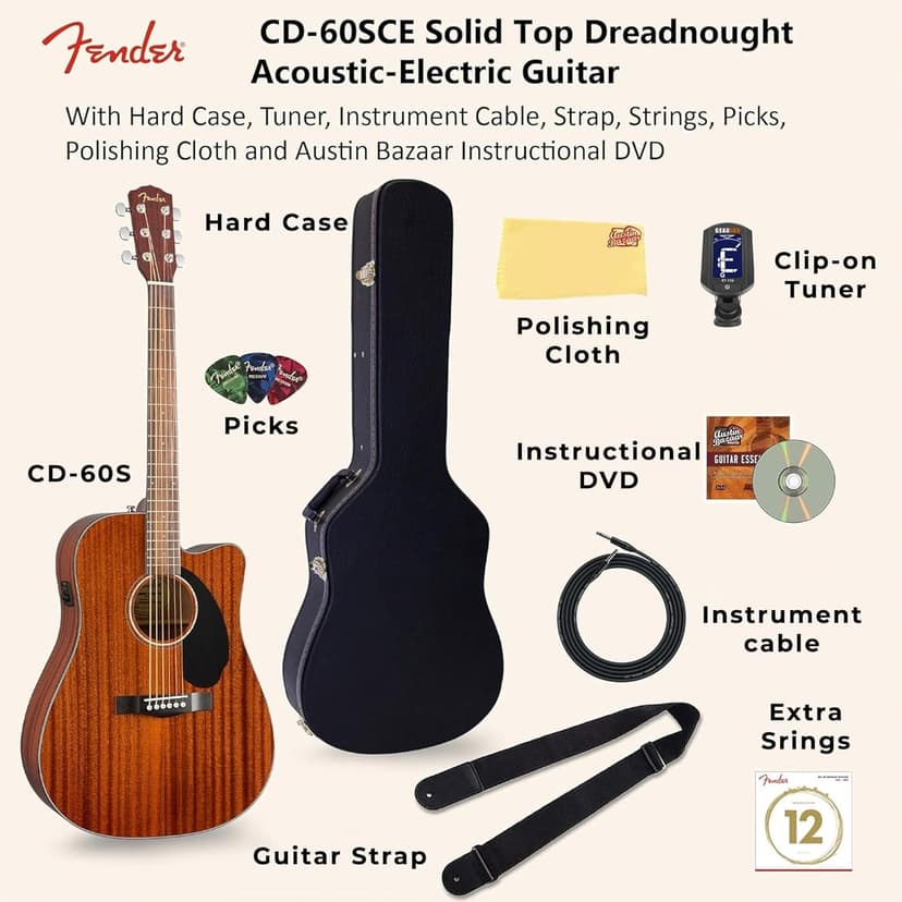 Fender CD-60SCE Solid Top Dreadnought Acoustic-Electric Guitar - All Mahogany Bundle with Hard Case, Tuner, Instrument Cable, Strap, Strings, Picks, Austin Bazaar Polishing Cloth and Instructional DVD
