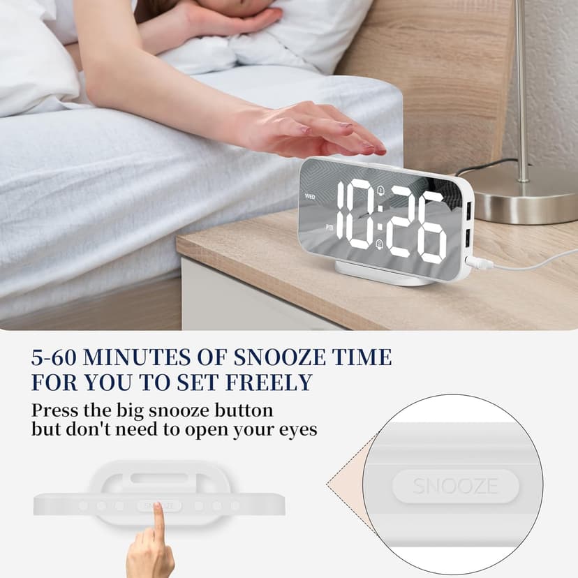 SMOUPING Digital Alarm Clock for Bedroom,6.7" LED Clock Mirror Surface with 2 USB Charger Port,Adjustable Brightness,Dual Alarm,Snooze,12/24H,Large Display Clock for Room Decor(White)