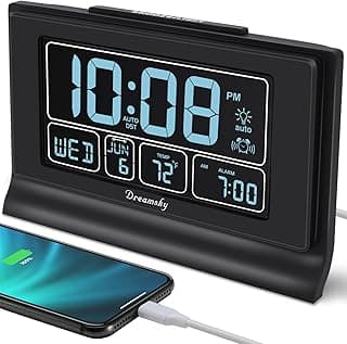 DreamSky Alarm Clocks for Bedrooms with Battery Backup, Auto Set Digital Clock with Date and Day of Week, Temperature, USB Port, Auto DST, Dimmer, 12/24H