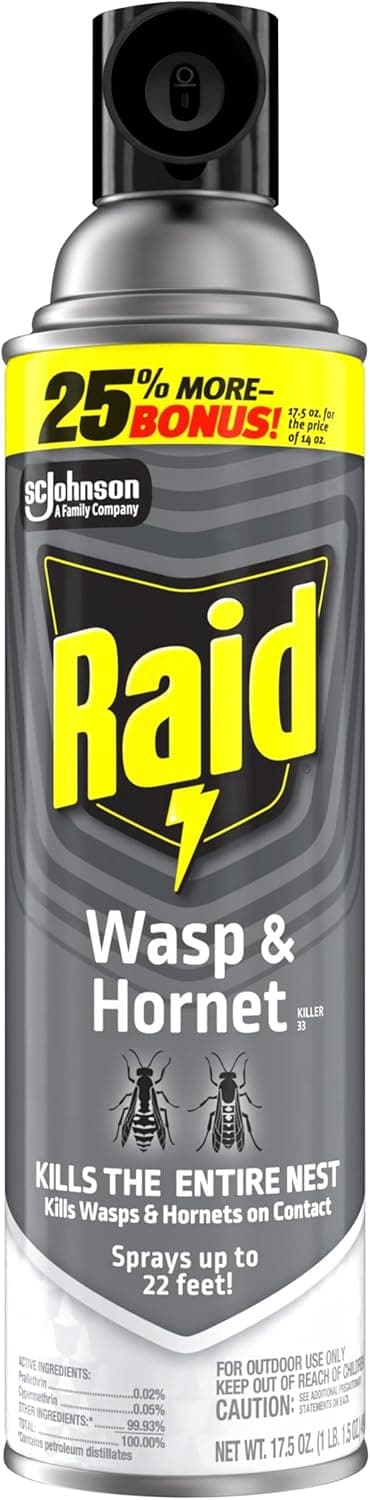 Raid Wasp & Hornet Killer Spray, Kills the Entire Nest, For Paper Wasps, Yellow Jackets, Mud Daubers, and more, 17.5 oz
