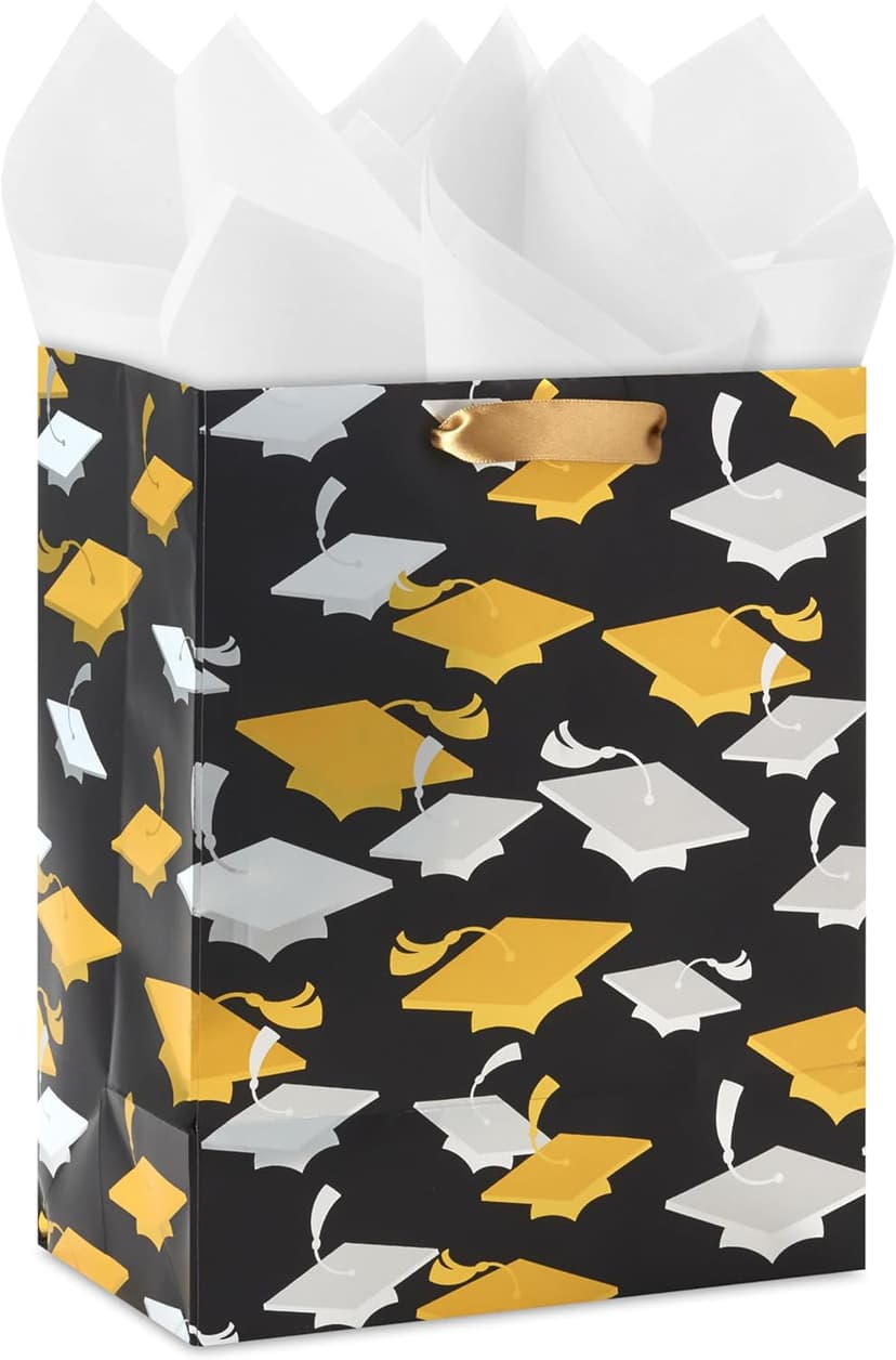 Hallmark 9" Medium Graduation Gift Bag with Tissue Paper (Gold and Silver Mortarboards on Black) for College, High School, 8th Grade, Kindergarten, Nurses
