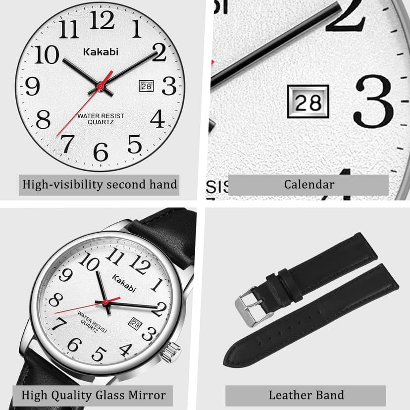 Kakabi Watch for Men, Easy Reader Unisex Analog Quartz Waterproof Wristwatch with Date and Leather Band, Casual Simple Fashion Mens Watches Gift