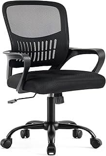 DUMOS Home Office Desk Chair - Ergonomic Mid Back with Lumbar Support & Rocking Mode, Height Adjustable with Fixed Armrest, for Conference, Computer, Meeting Room, 360° Swivel, Adults, Black