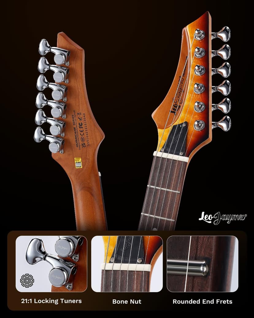 Leo Jaymz Hurricane Series Electric Guitar,Double Cut Arched Top Mahogany Body,Reverse Headstock,Roasted Maple Neck,Rosewood Fretboard,Alnico V Pickups,Locking Tuners,Tremolo Bridge (Sunburst)
