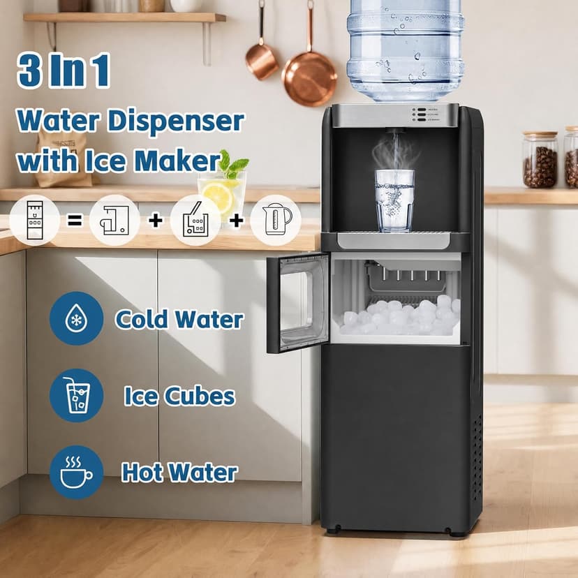4 in 1 Water Cooler Dispenser with Ice Maker, Hot & Cold Water Dispenser for Home & Office, 33lbs/24H Bullet Ice, Top Loading 3-5 Gallon, Child Safety Lock, Ice Ready in 7 Mins (Black)
