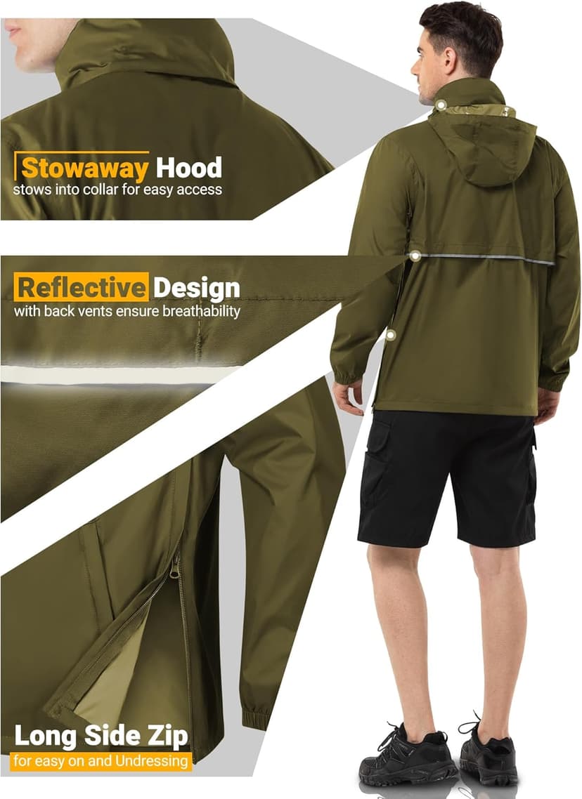 Outdoor Ventures Men's Rain Jacket Waterproof Lightweight Packable Rain Pullover for Hiking Golf Running