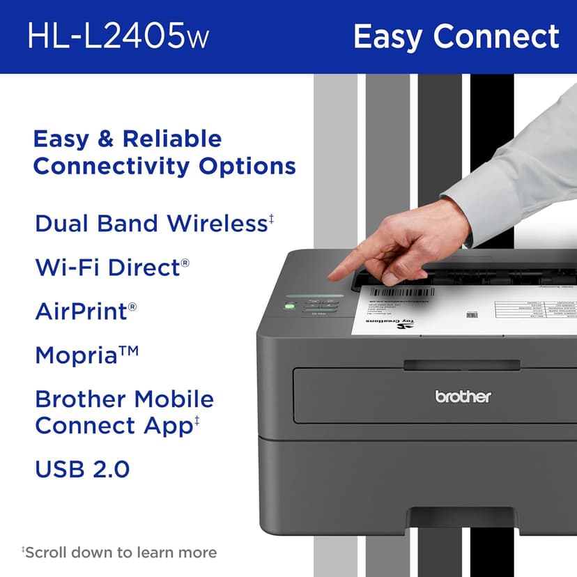 Brother HL-L2405W Wireless Compact Monochrome Laser Printer with Mobile Printing, Black & White Output | Includes Refresh Subscription Trial(1), Works with Alexa