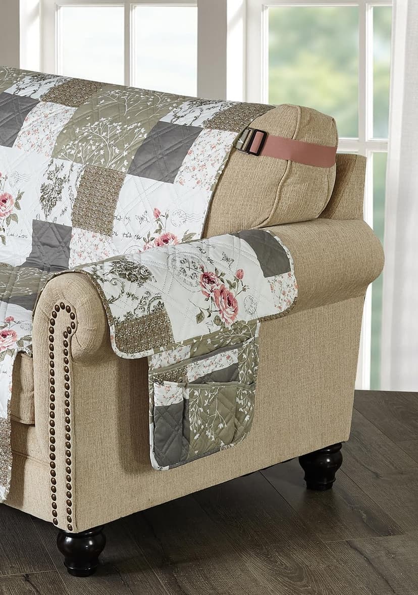 Non Slip Armchair Caddy for Sofa Recliner, Washable Remote Controls Holder, Storage for Magazine, Phone, iPad Brilliant Sunshine Pink Rose & Grey Toile Couch Armrest Organizer, 35"×13" B07X3Z4HYK